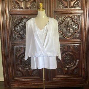 NWT CAbi Indulge Blouse Top Tunic 5339 White 3/4 Sleeve Flowy Layered Wrap Large